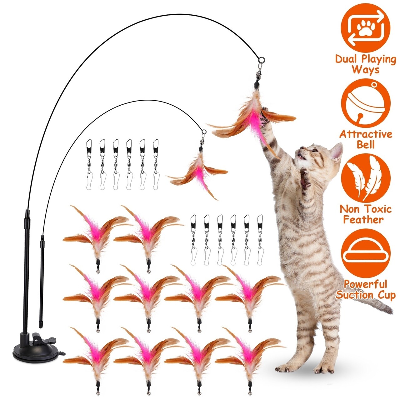 Global Phoenix Cat Feather Toys Wand Rod Interactive Cat Spring Bell Play Toys with 12Pcs Feather Replacements Sticky Suction Cup Base